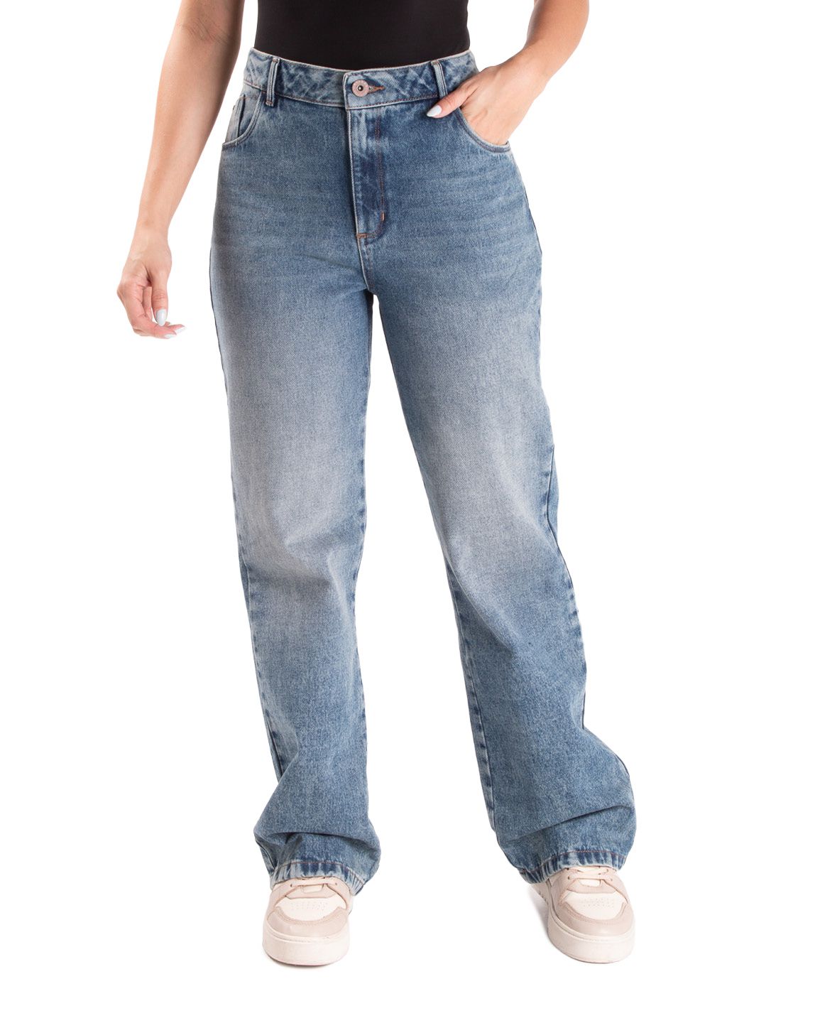 Jean Dama Oxford 041408 Tiro Alto Azul Medio Wide Leg