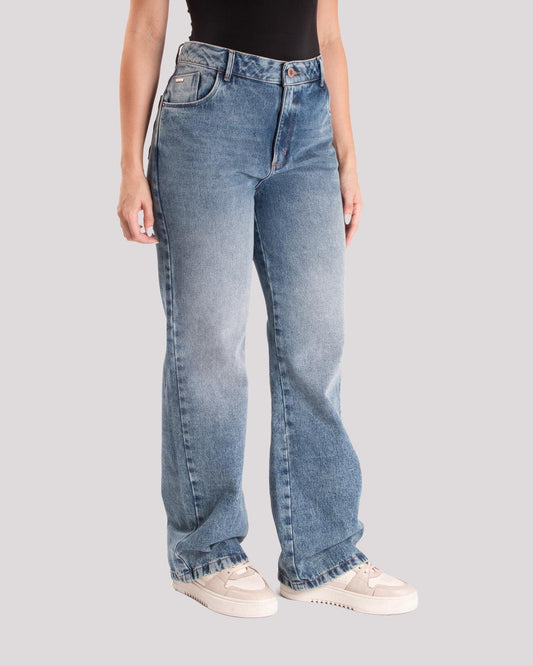 Jean Dama Oxford 041408 Tiro Alto Azul Medio Wide Leg