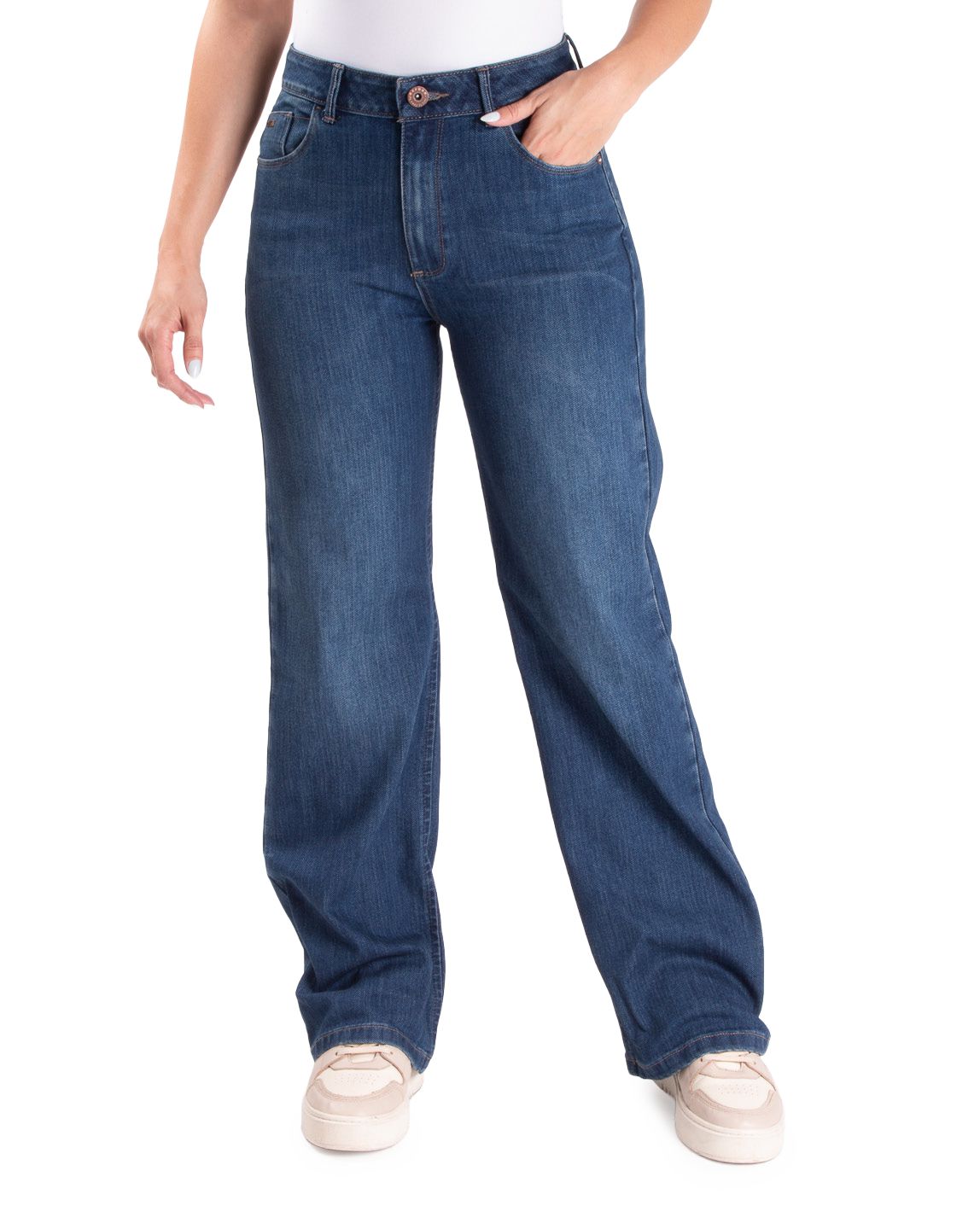 Jean Dama Oxford 041434 Tiro Alto Azul Medio Wide Leg