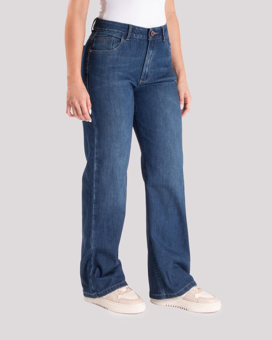 Jean Dama Oxford 041434 Tiro Alto Azul Medio Wide Leg