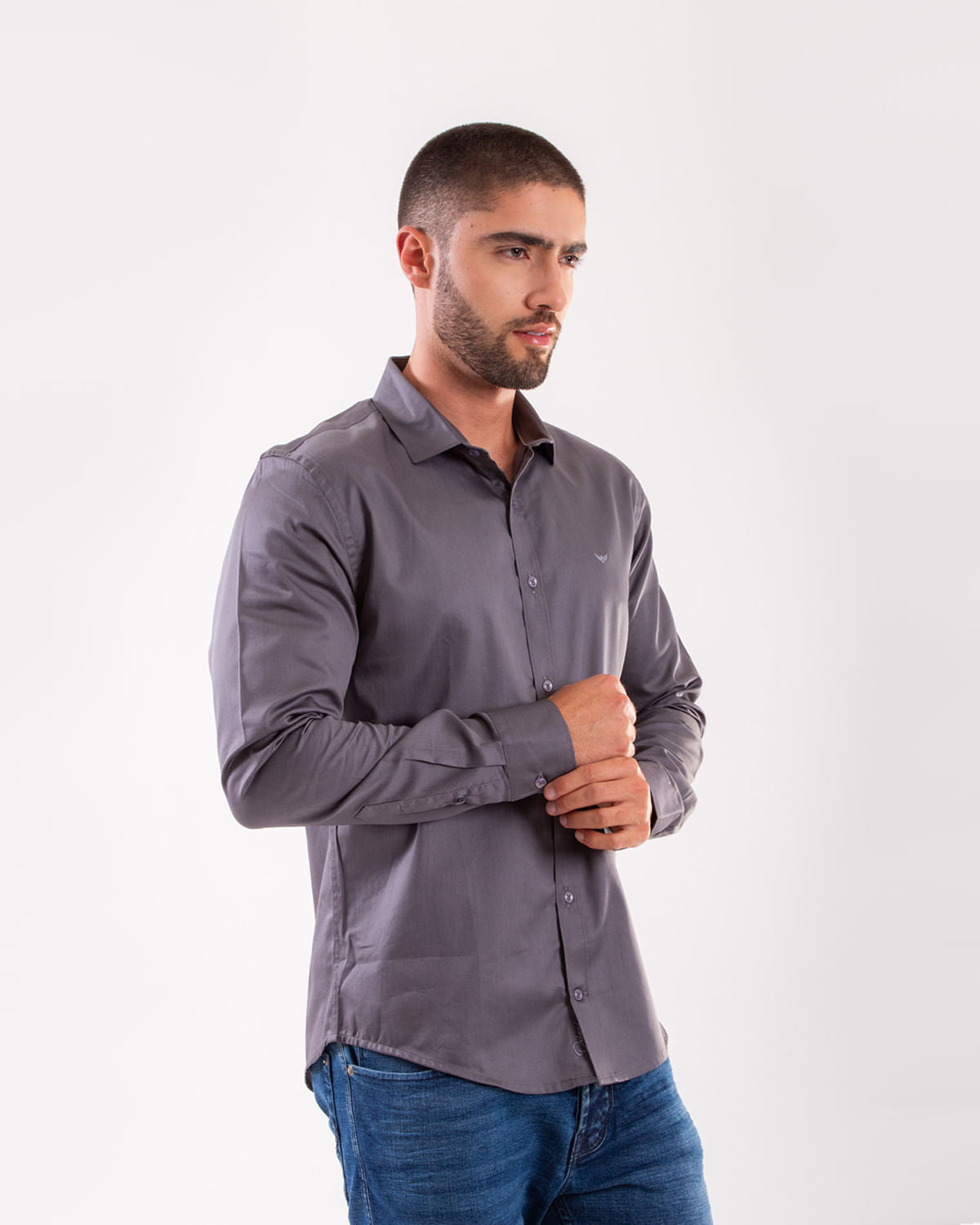 Camisa Manga Larga Oxford 032645 Slim Fit Gris Medio