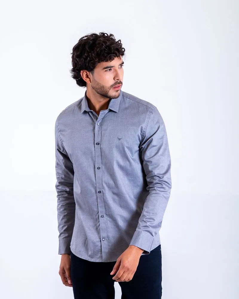 Camisa Manga Larga Oxford 032859 Slim Fit Gris Oscuro