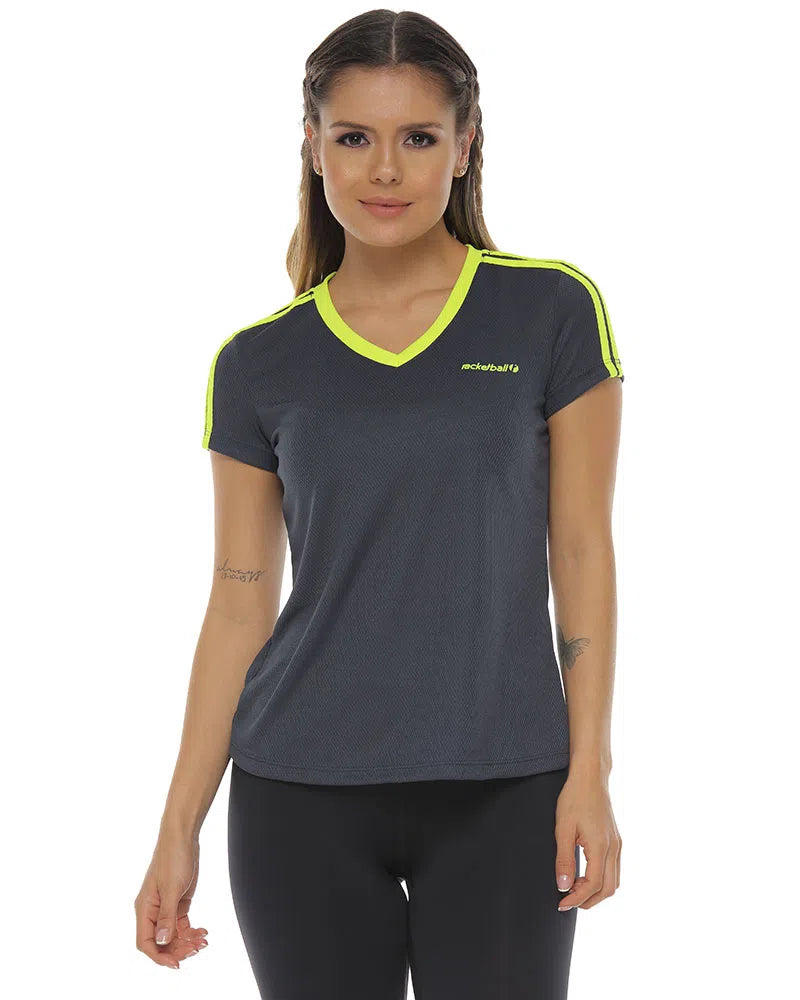 Racketball Camiseta Basica Cuello V Con Sesgos Mujer 93742 Gris Oscuro