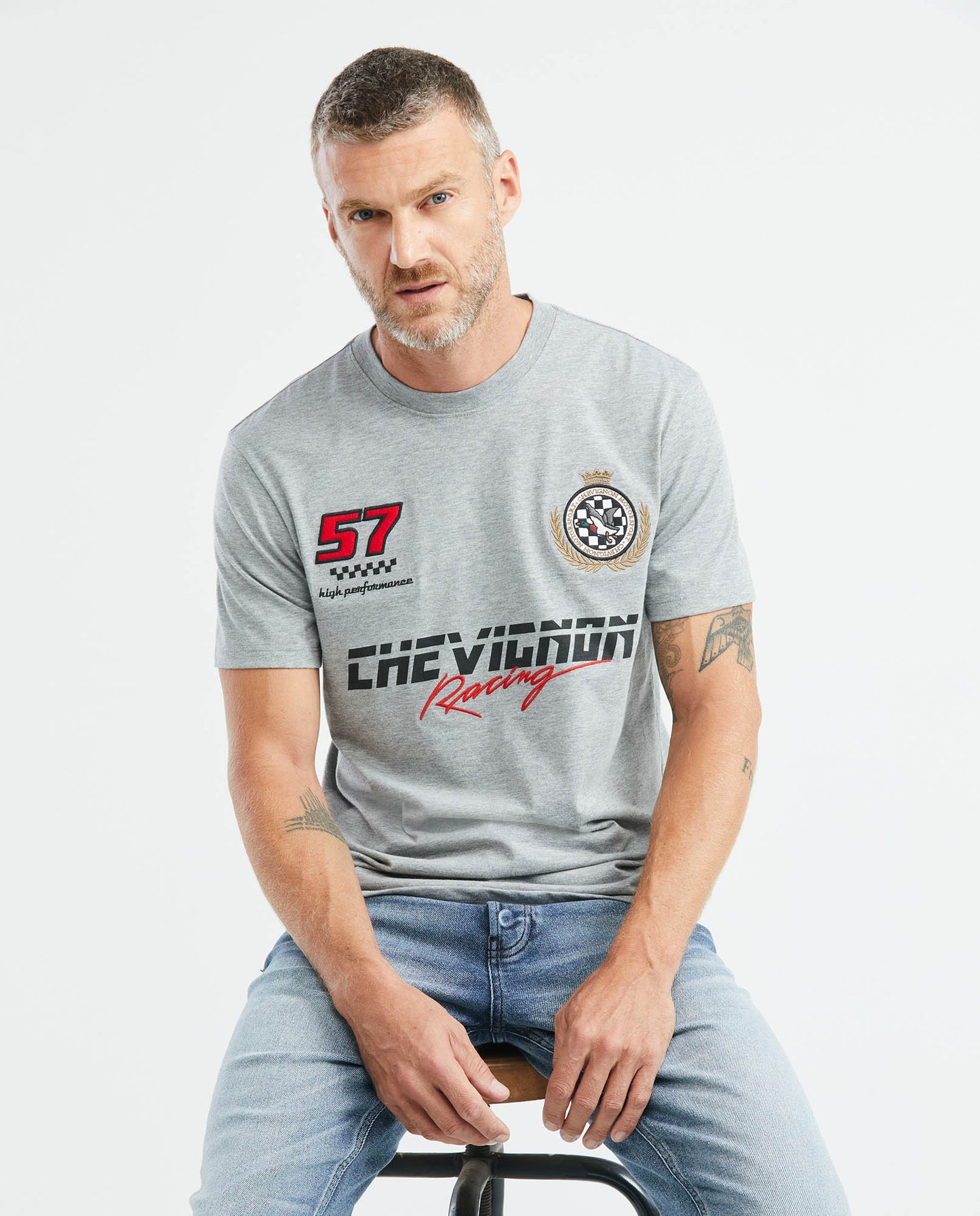 Camiseta Cuello Redondo Chevignon 649E901 Racing Slim Fit Gris Jaspe Claro